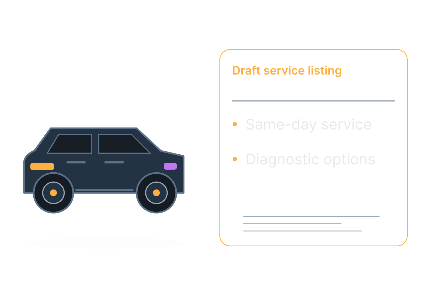 Illustrative car, service board and appointment request showing same-day service, diagnostic options.