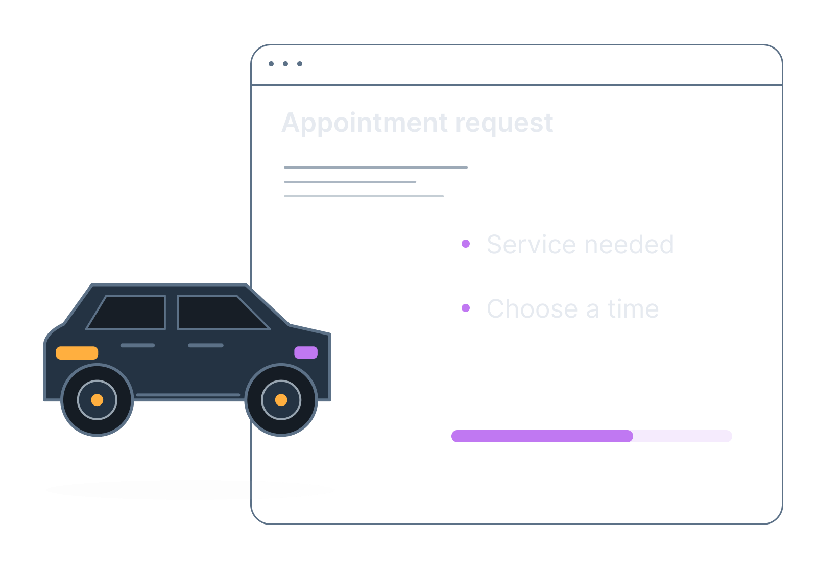 Illustrative car, service board and appointment request showing service needed, choose a time.