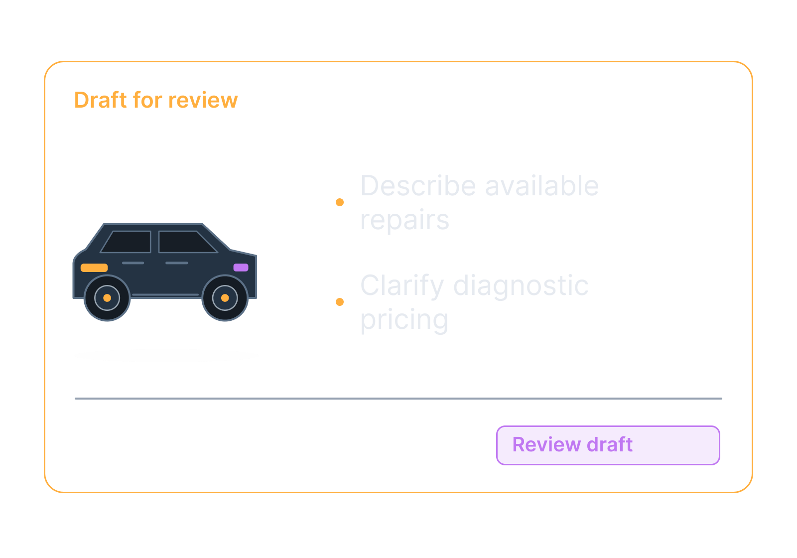 Illustrative car, service board and appointment request showing describe available repairs, clarify diagnostic pricing.