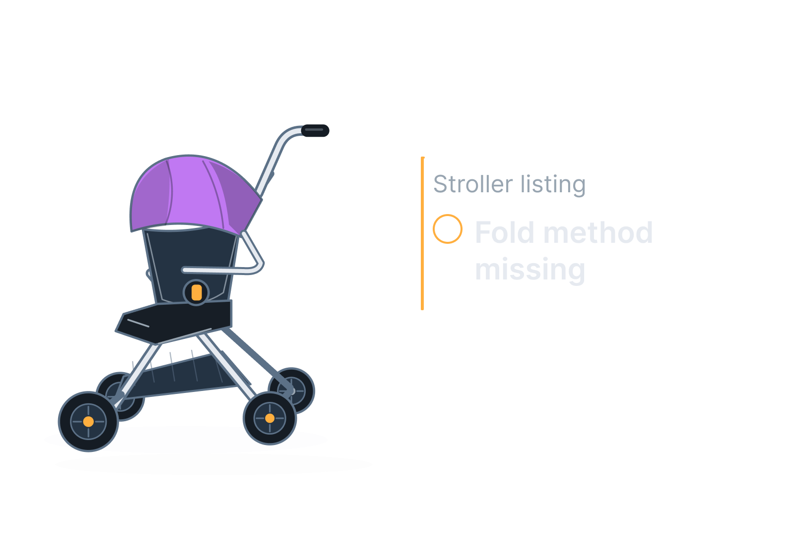 Illustrative stroller with its folding mechanism showing fold method missing.