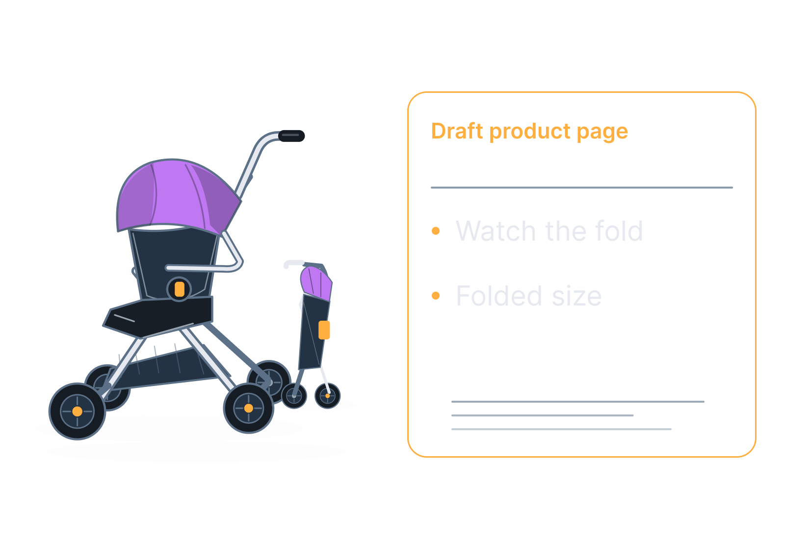 Illustrative stroller with its folding mechanism showing watch the fold, folded size.