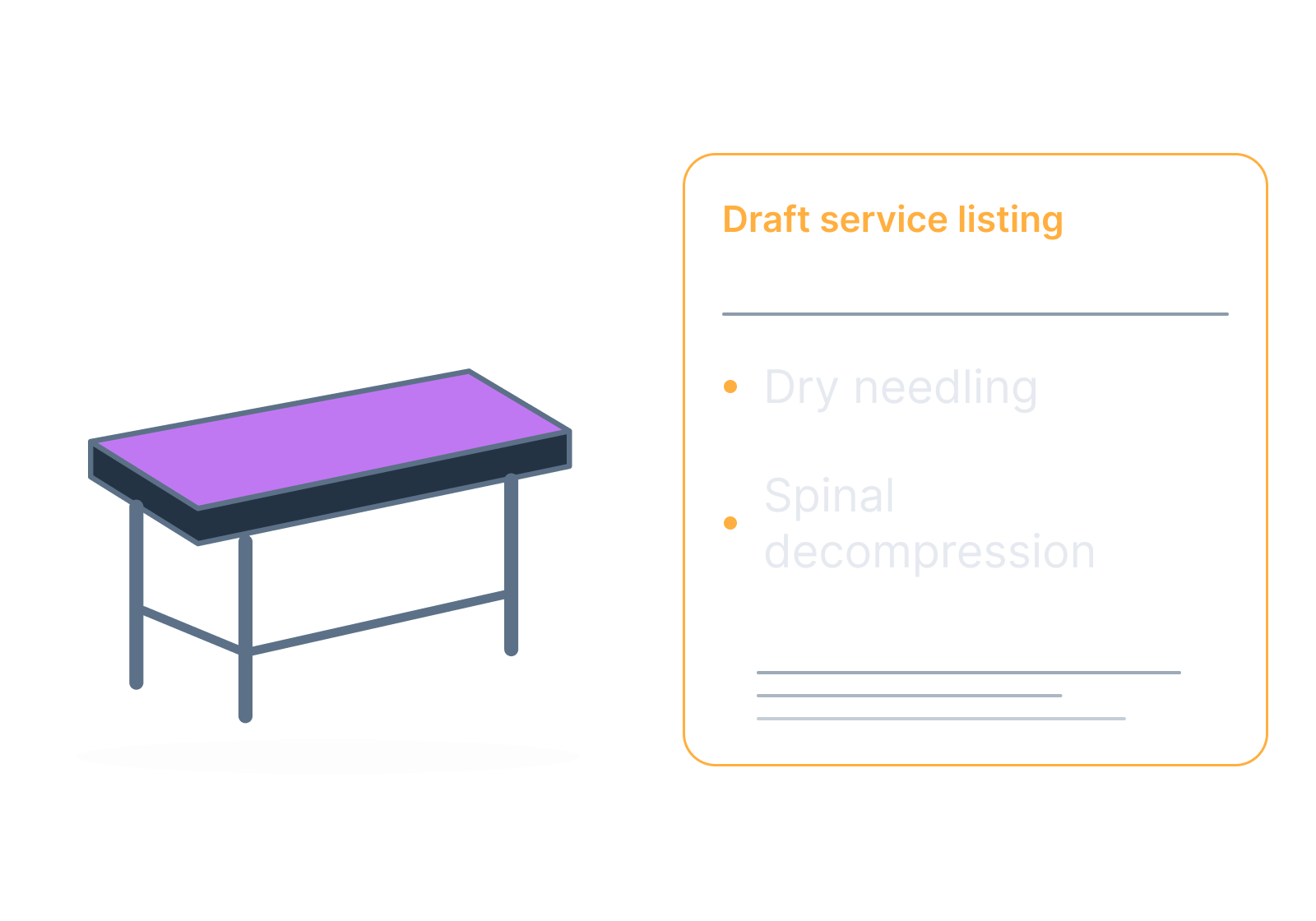 Illustrative practice service list beside a treatment-table outline showing dry needling, spinal decompression.