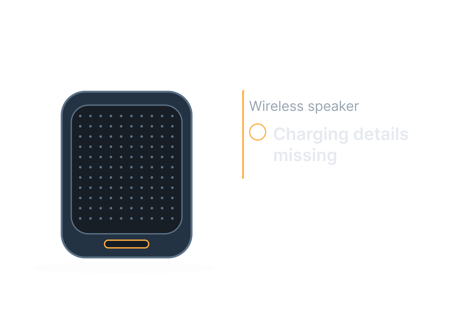 Illustrative portable speaker, charging port and specification card showing charging details missing.