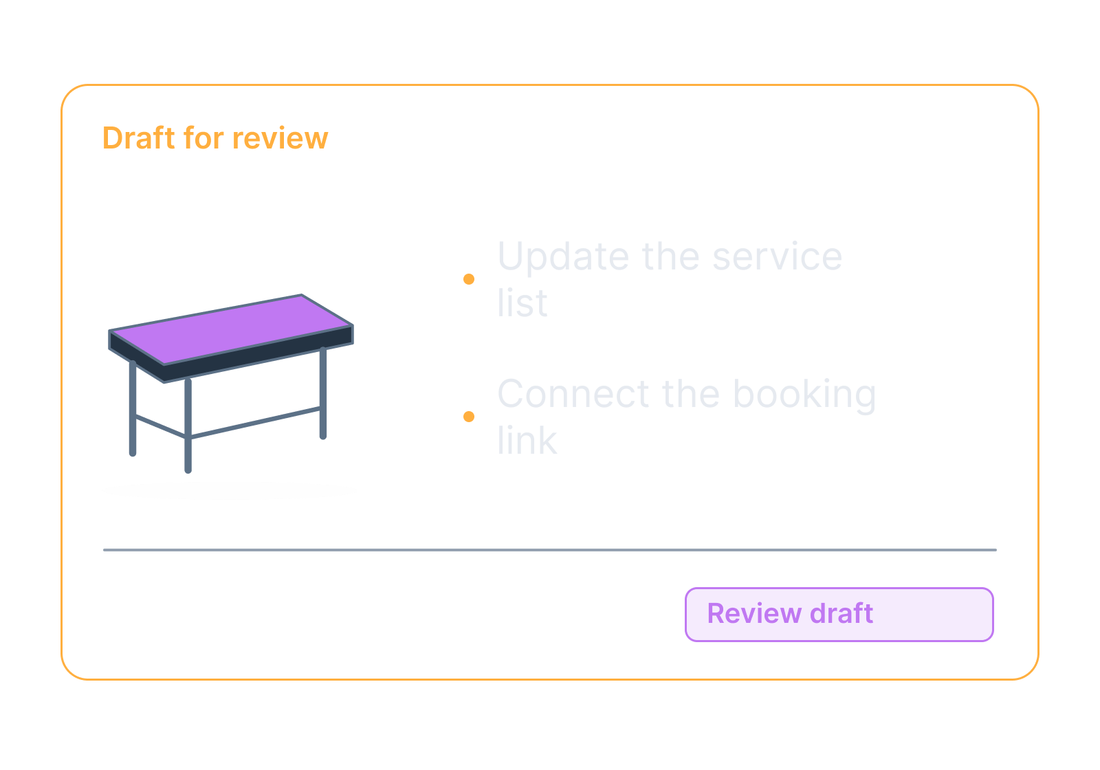 Illustrative practice service list beside a treatment-table outline showing update the service list, connect the booking link.