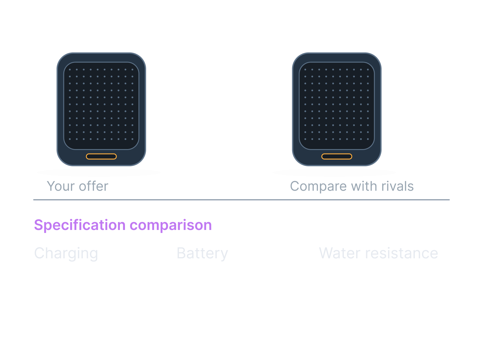 Illustrative portable speaker, charging port and specification card showing charging, battery, water resistance.
