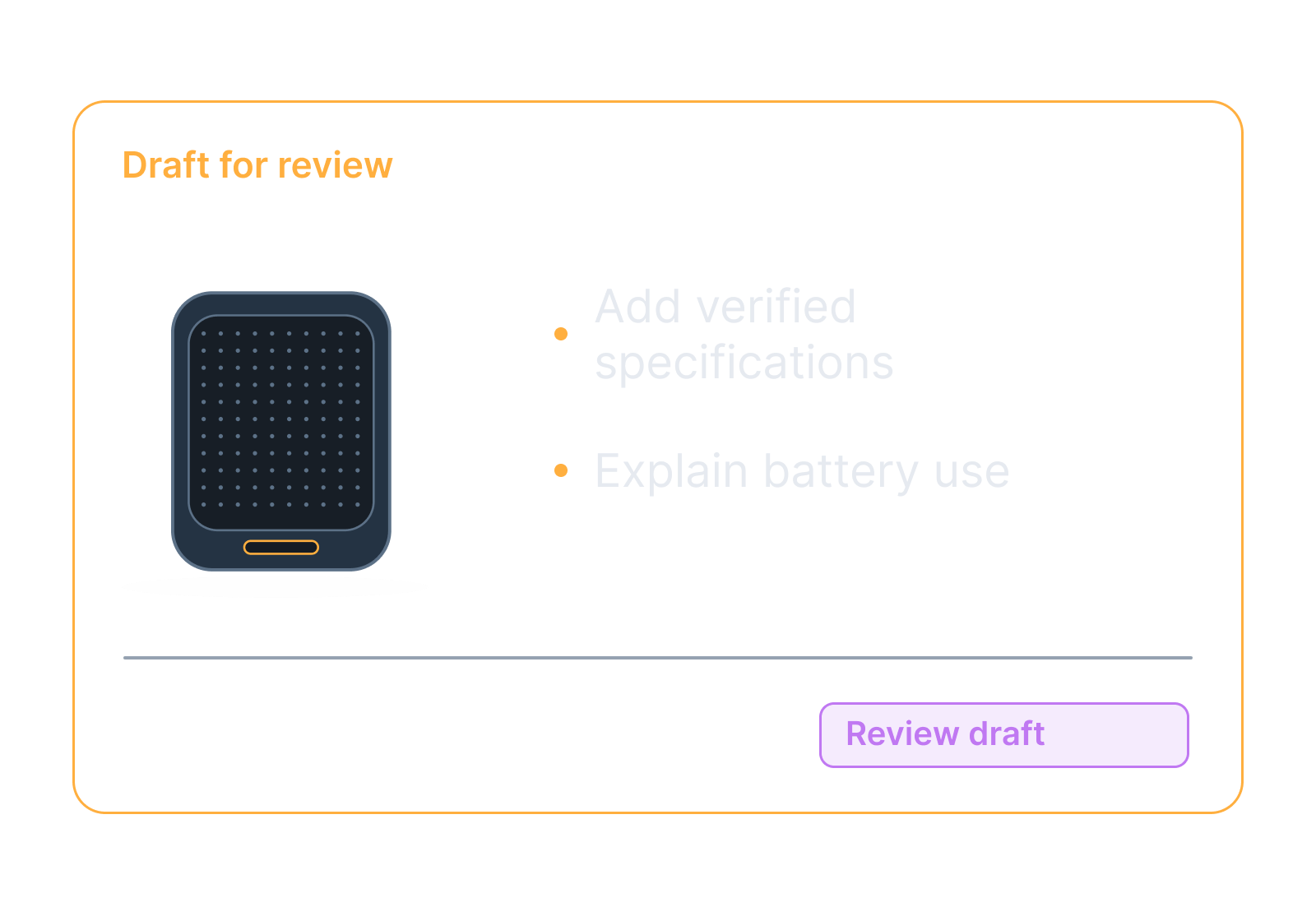 Illustrative portable speaker, charging port and specification card showing add verified specifications, explain battery use.