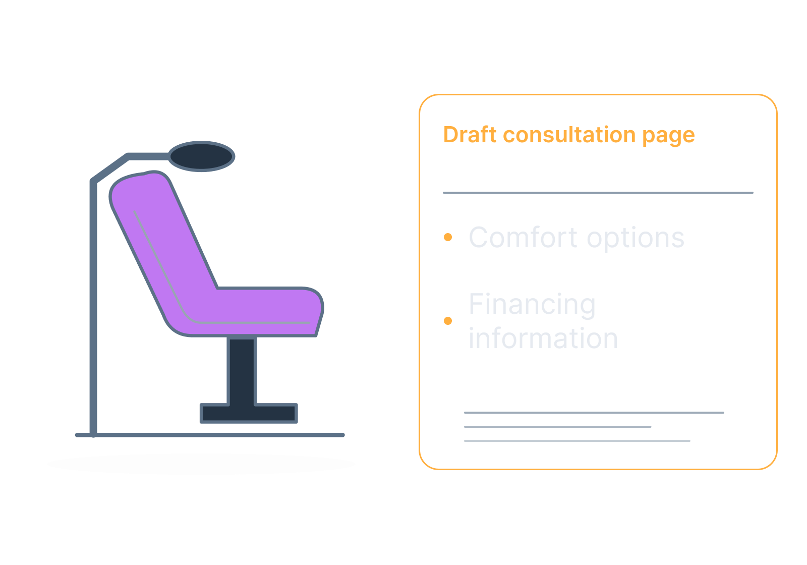 Illustrative consultation card with a dental-chair outline showing comfort options, financing information.
