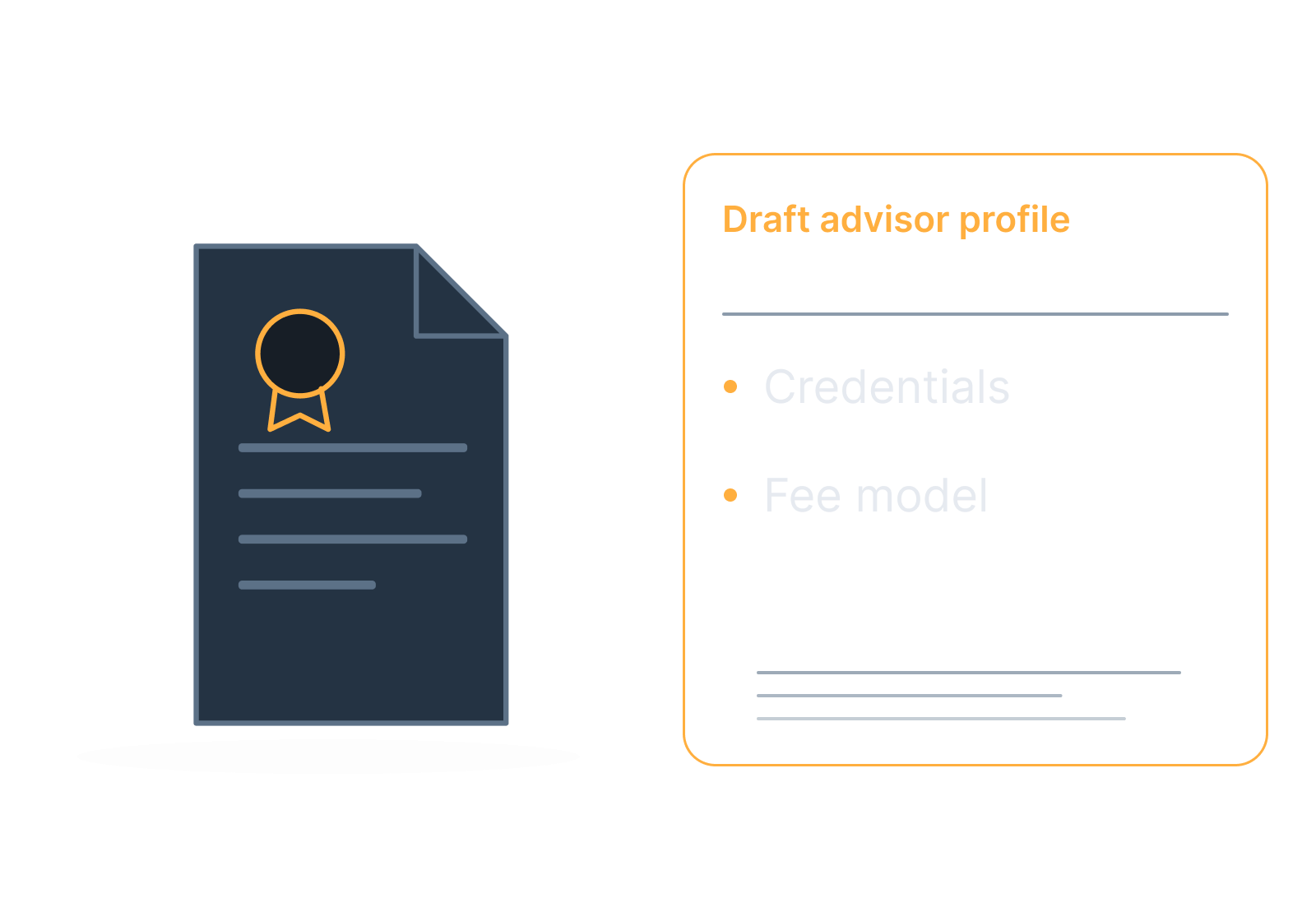 Illustrative advisor profile and credential document showing credentials, fee model.