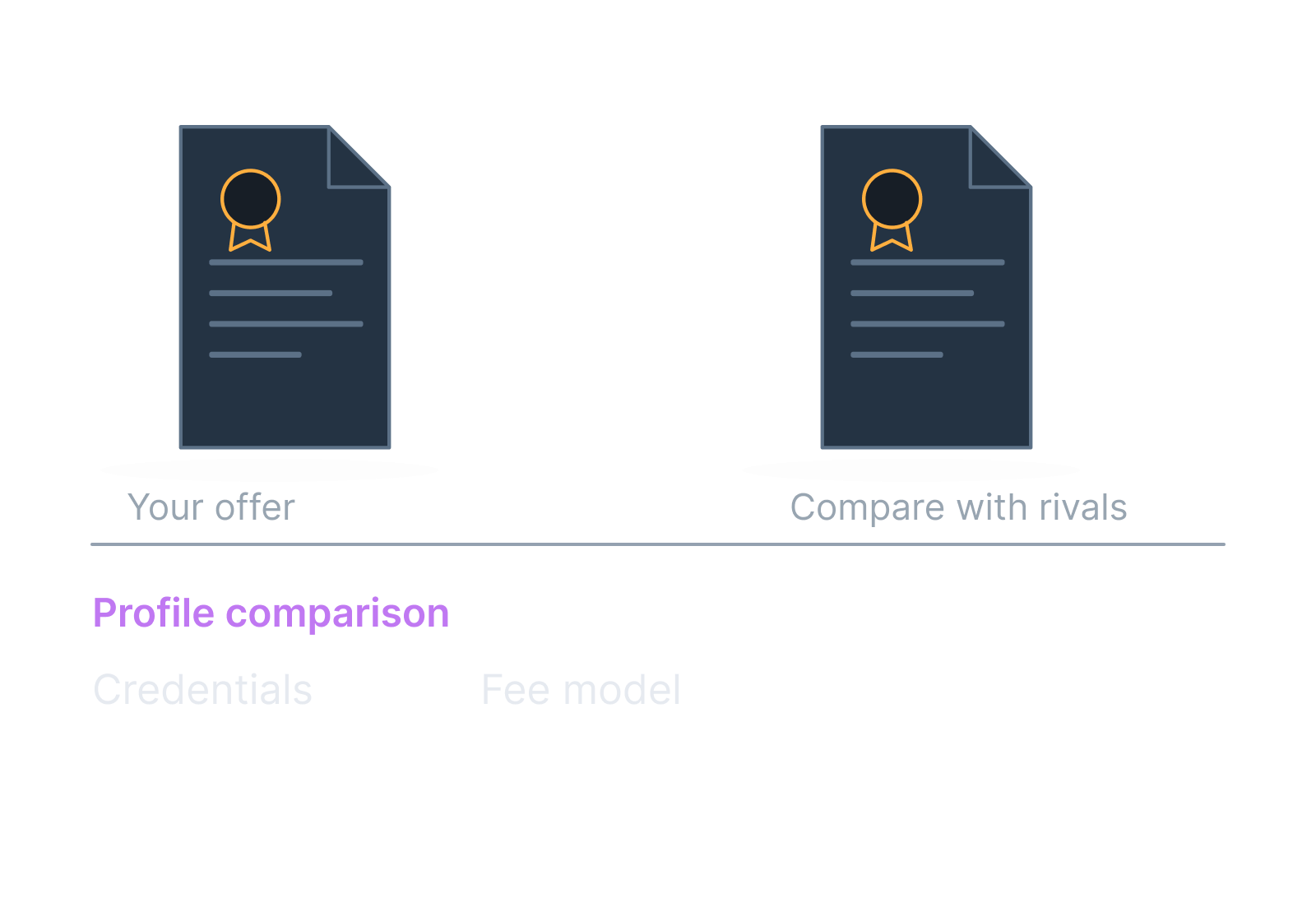 Illustrative advisor profile and credential document showing credentials, fee model.