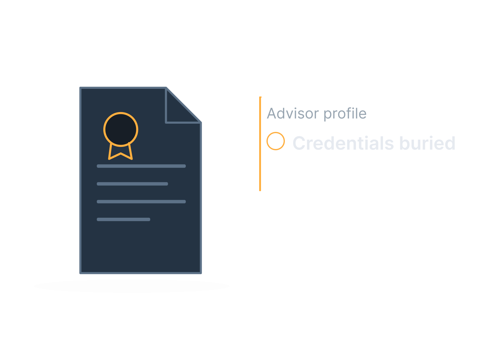 Illustrative advisor profile and credential document showing credentials buried.