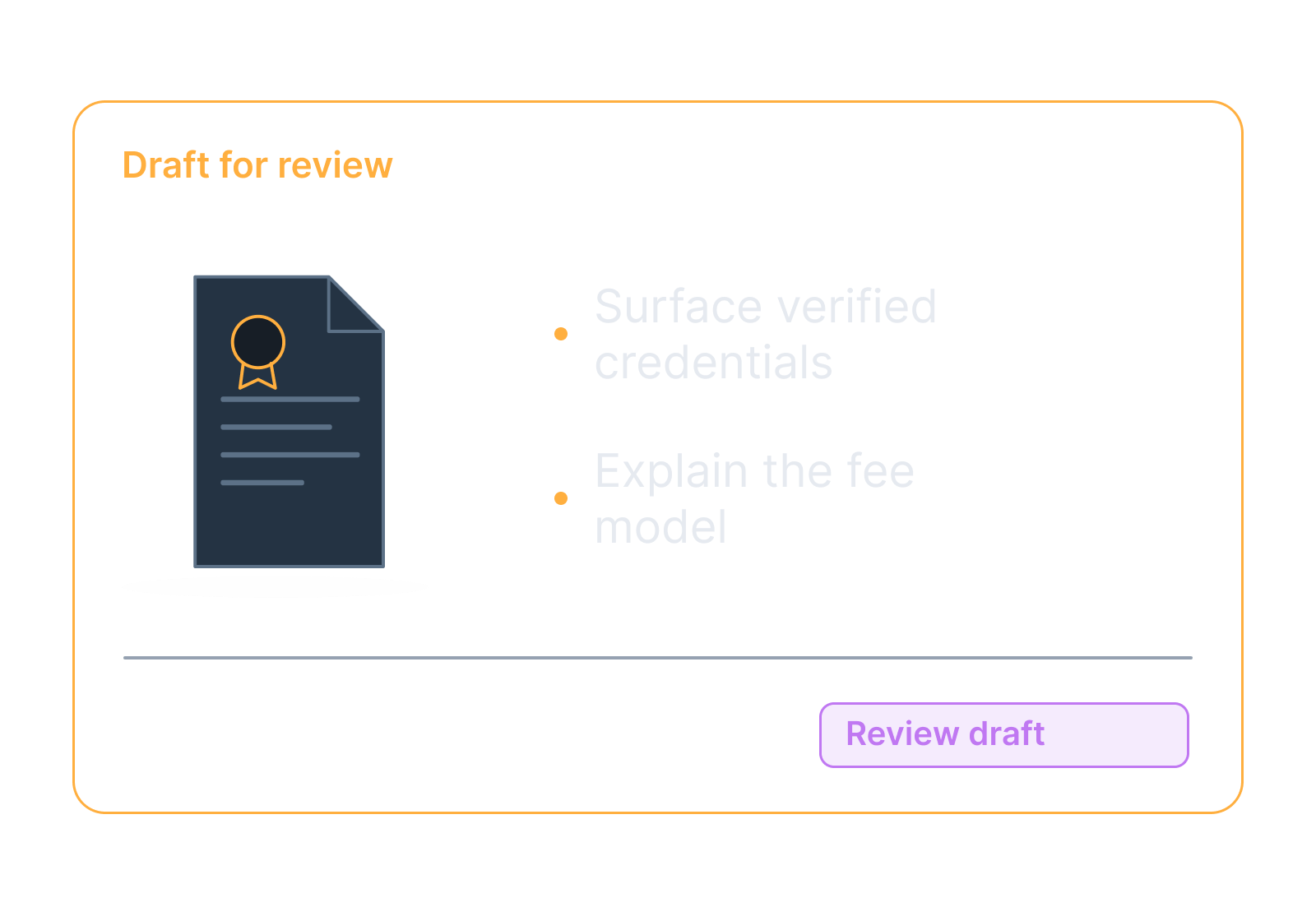 Illustrative advisor profile and credential document showing surface verified credentials, explain the fee model.
