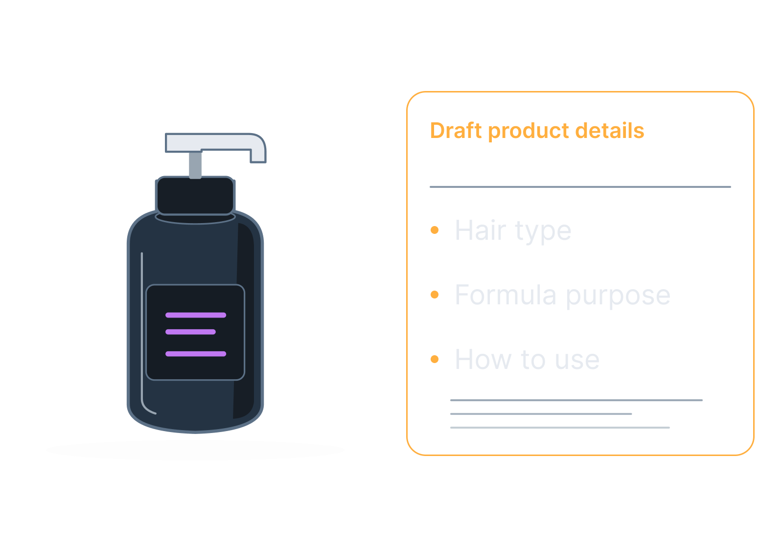 Illustrative hair-care bottle and hair-type guide showing hair type, formula purpose, how to use.