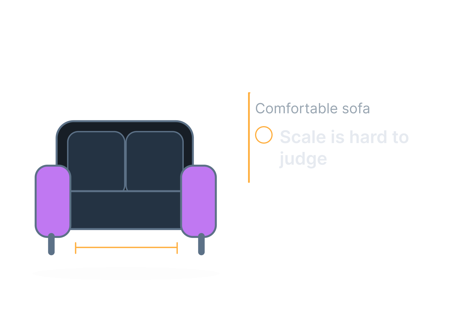 Illustrative sofa, measuring tape and assembly sheet showing scale is hard to judge.