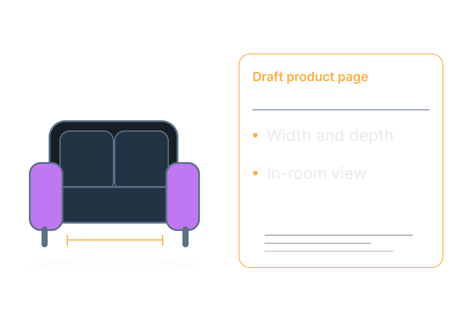 Illustrative sofa, measuring tape and assembly sheet showing width and depth, in-room view.