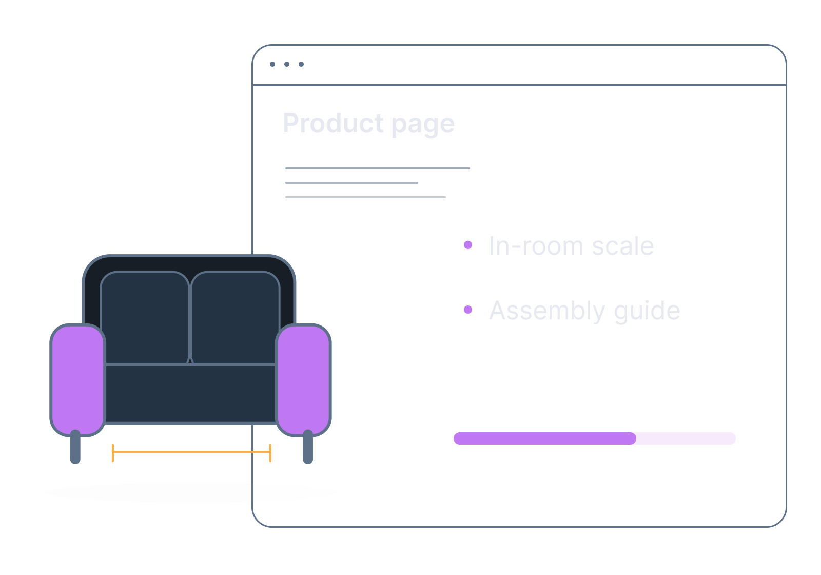 Illustrative sofa, measuring tape and assembly sheet showing in-room scale, assembly guide.