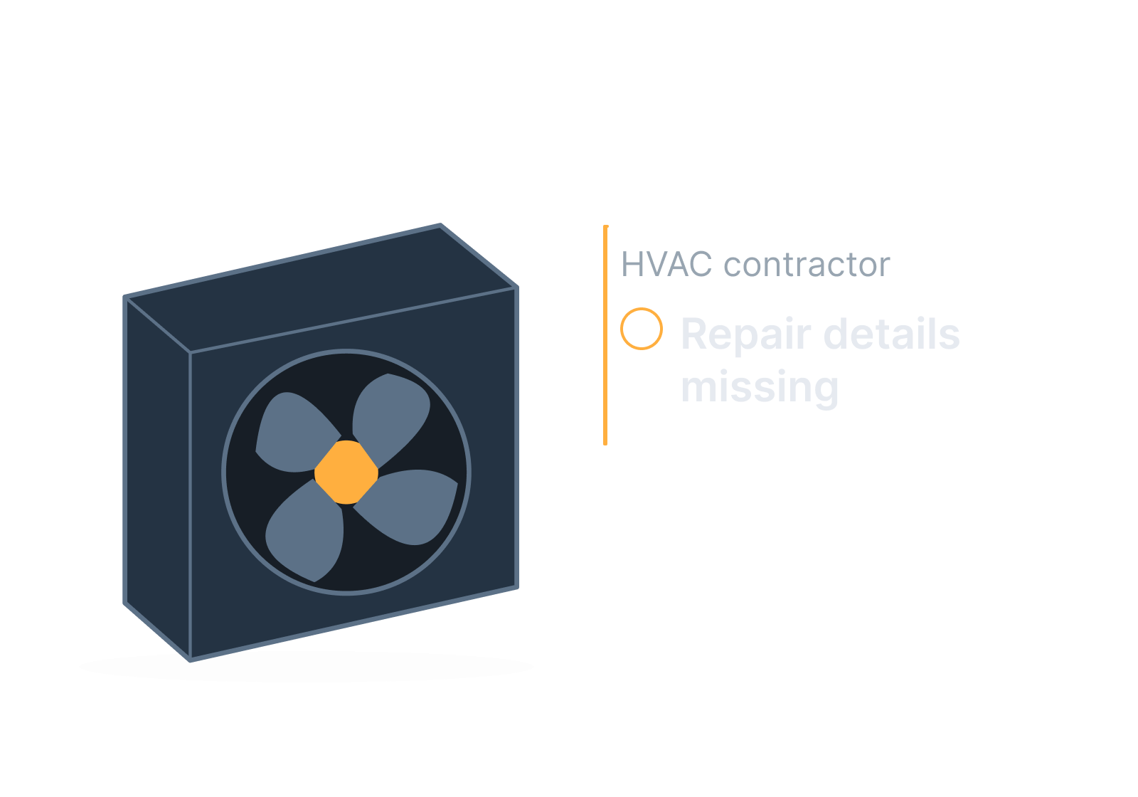 Illustrative air-conditioning unit and service listing showing repair details missing.
