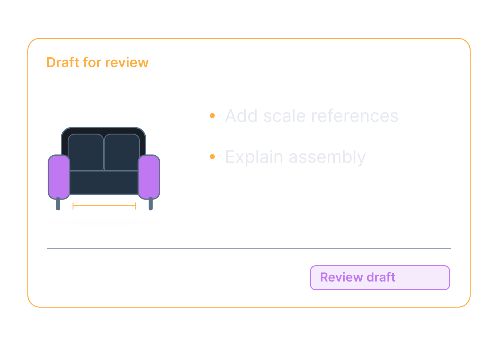 Illustrative sofa, measuring tape and assembly sheet showing add scale references, explain assembly.