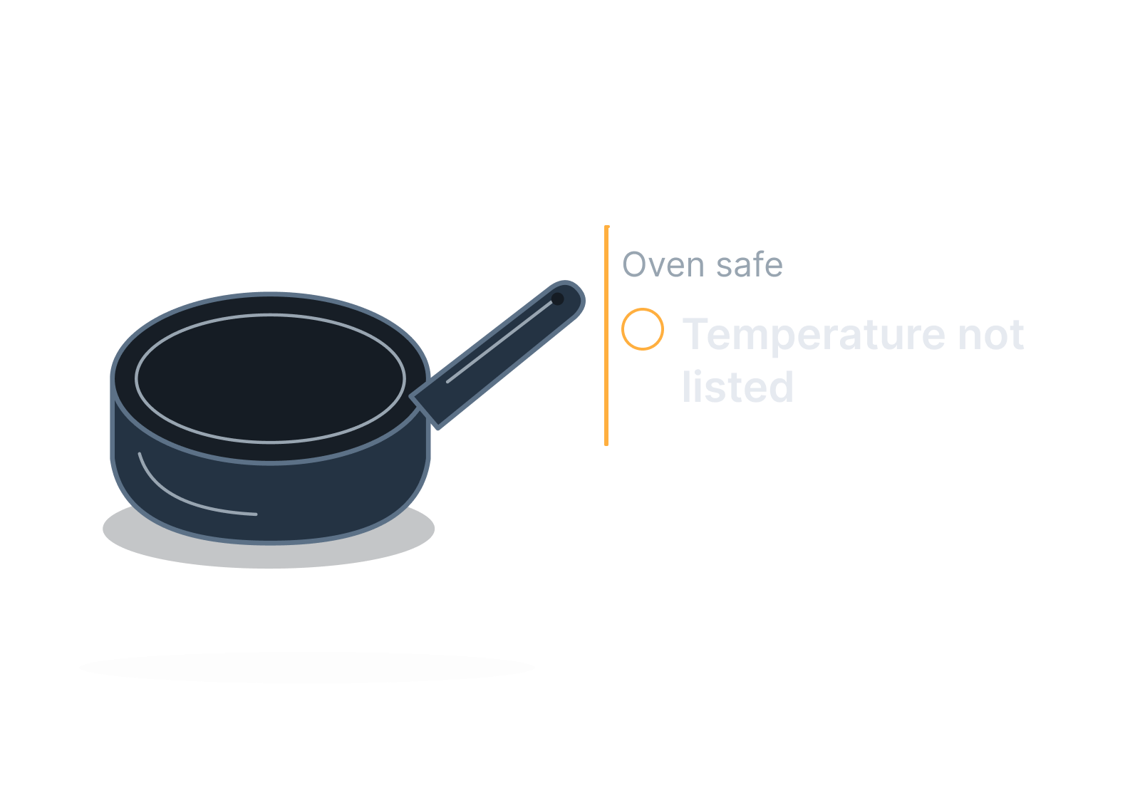 Illustrative frying pan and product specification tag showing temperature not listed.