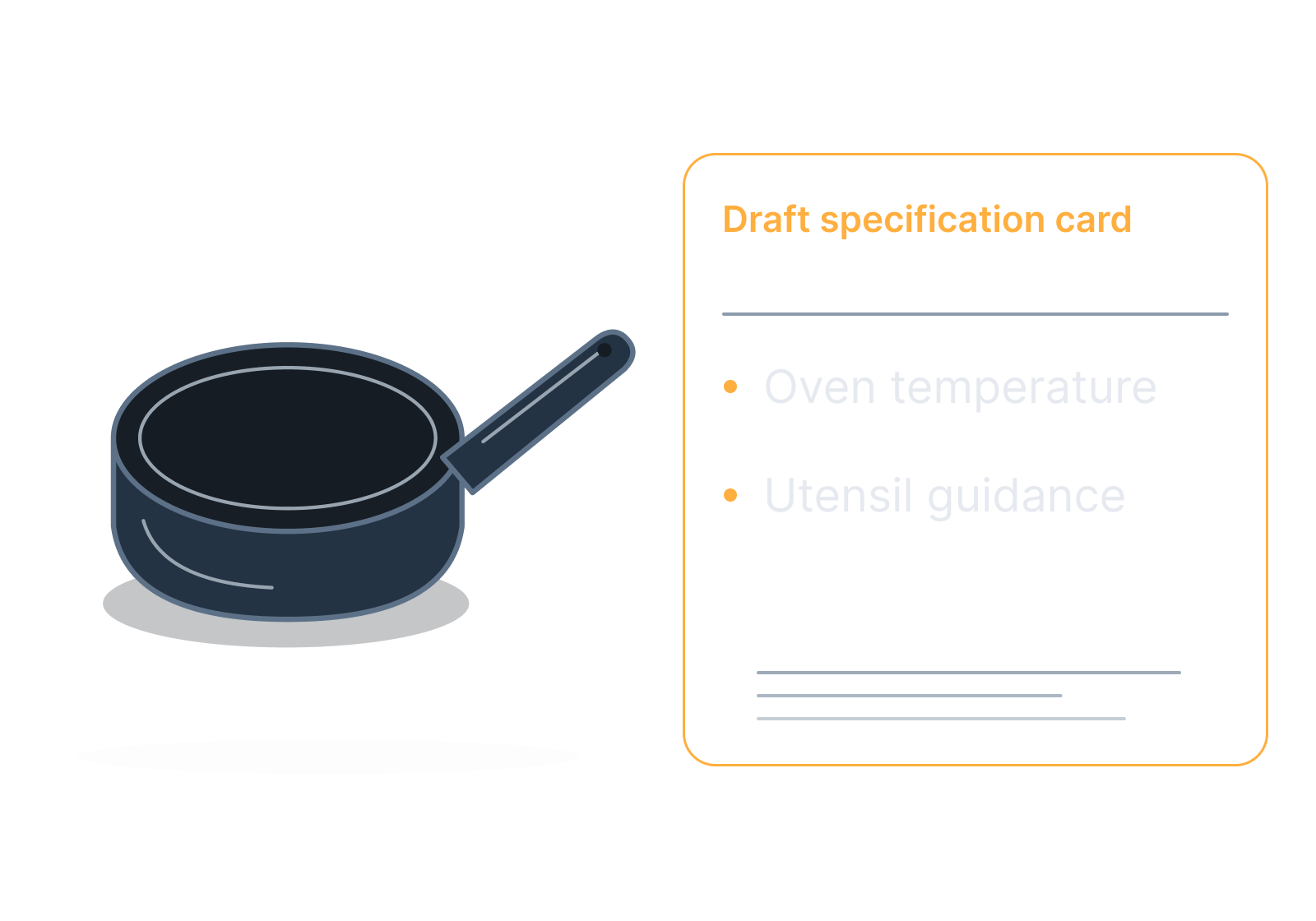Illustrative frying pan and product specification tag showing oven temperature, utensil guidance.