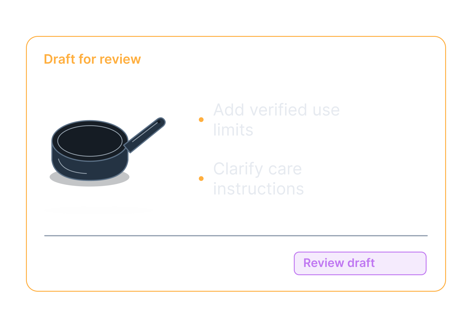 Illustrative frying pan and product specification tag showing add verified use limits, clarify care instructions.