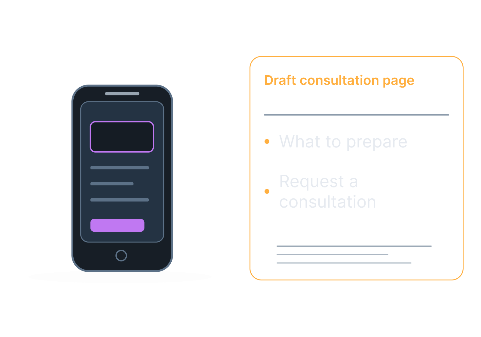 Illustrative consultation request on a phone beside a case folder showing what to prepare, request a consultation.