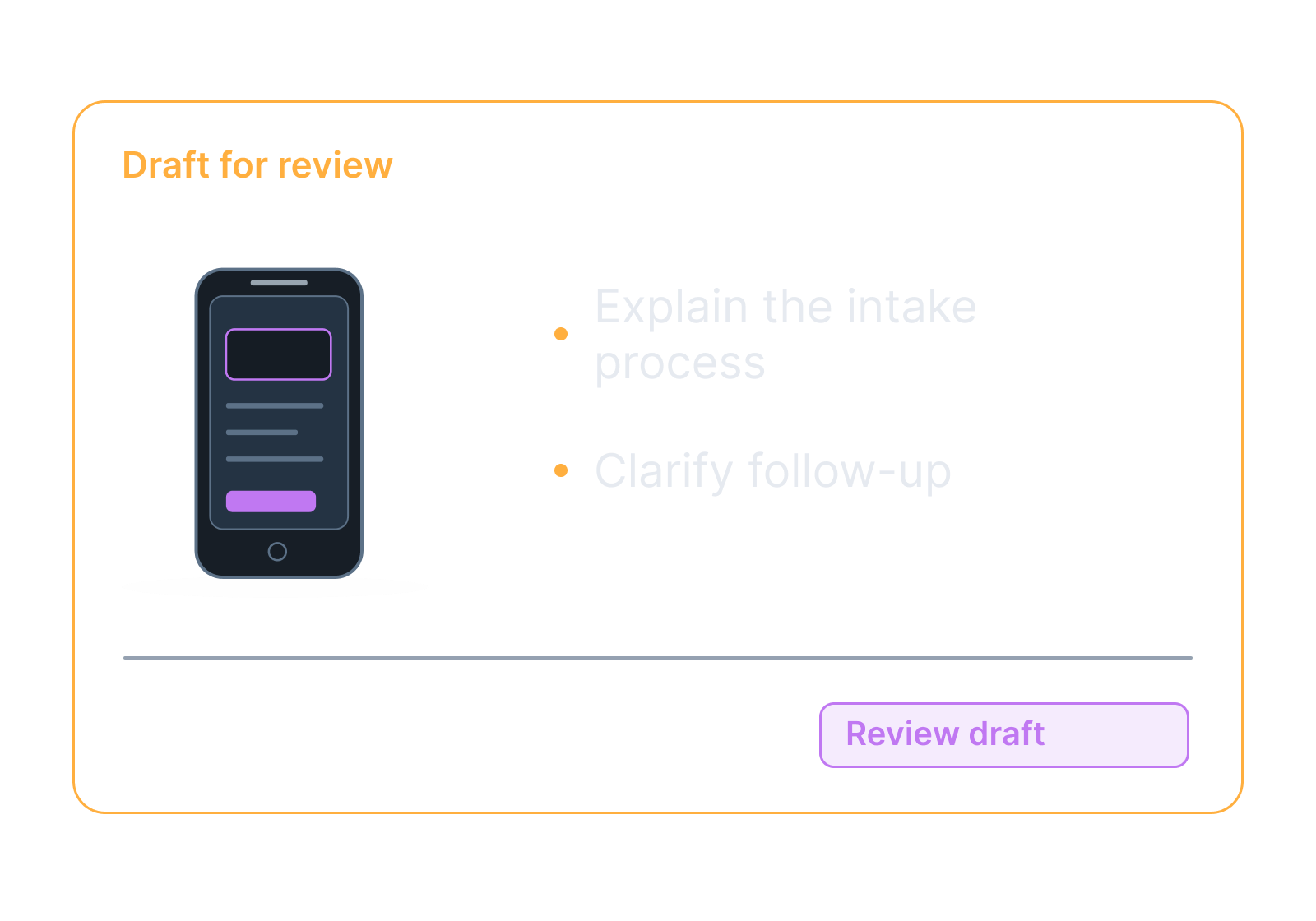 Illustrative consultation request on a phone beside a case folder showing explain the intake process, clarify follow-up.