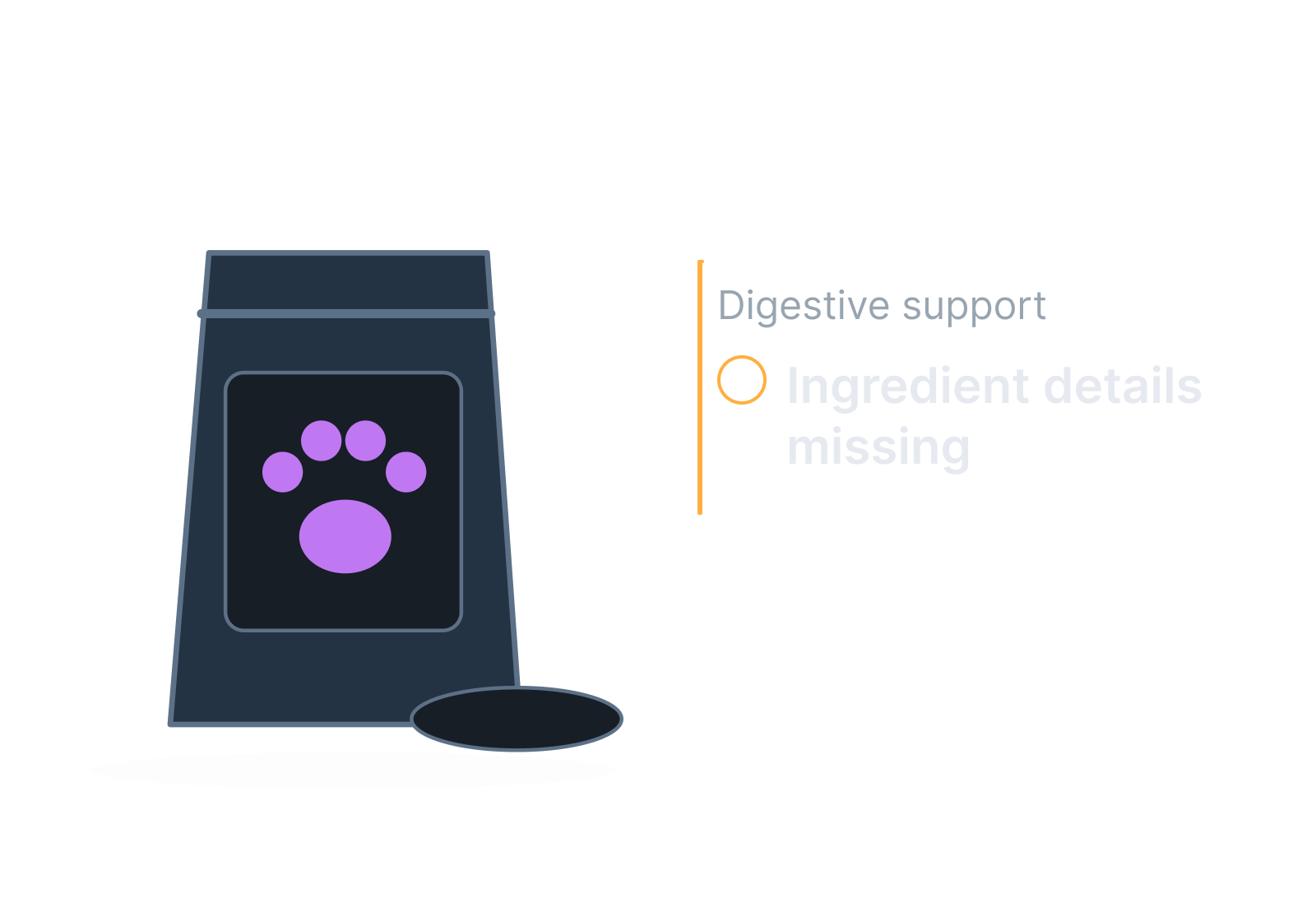 Illustrative pet-food bag, bowl and ingredient label showing ingredient details missing.