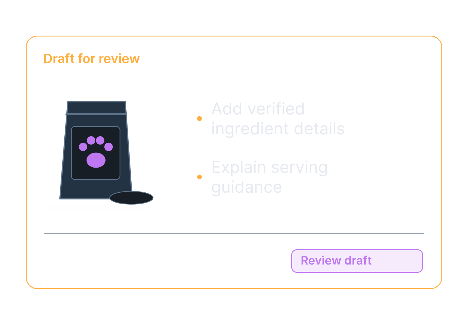 Illustrative pet-food bag, bowl and ingredient label showing add verified ingredient details, explain serving guidance.