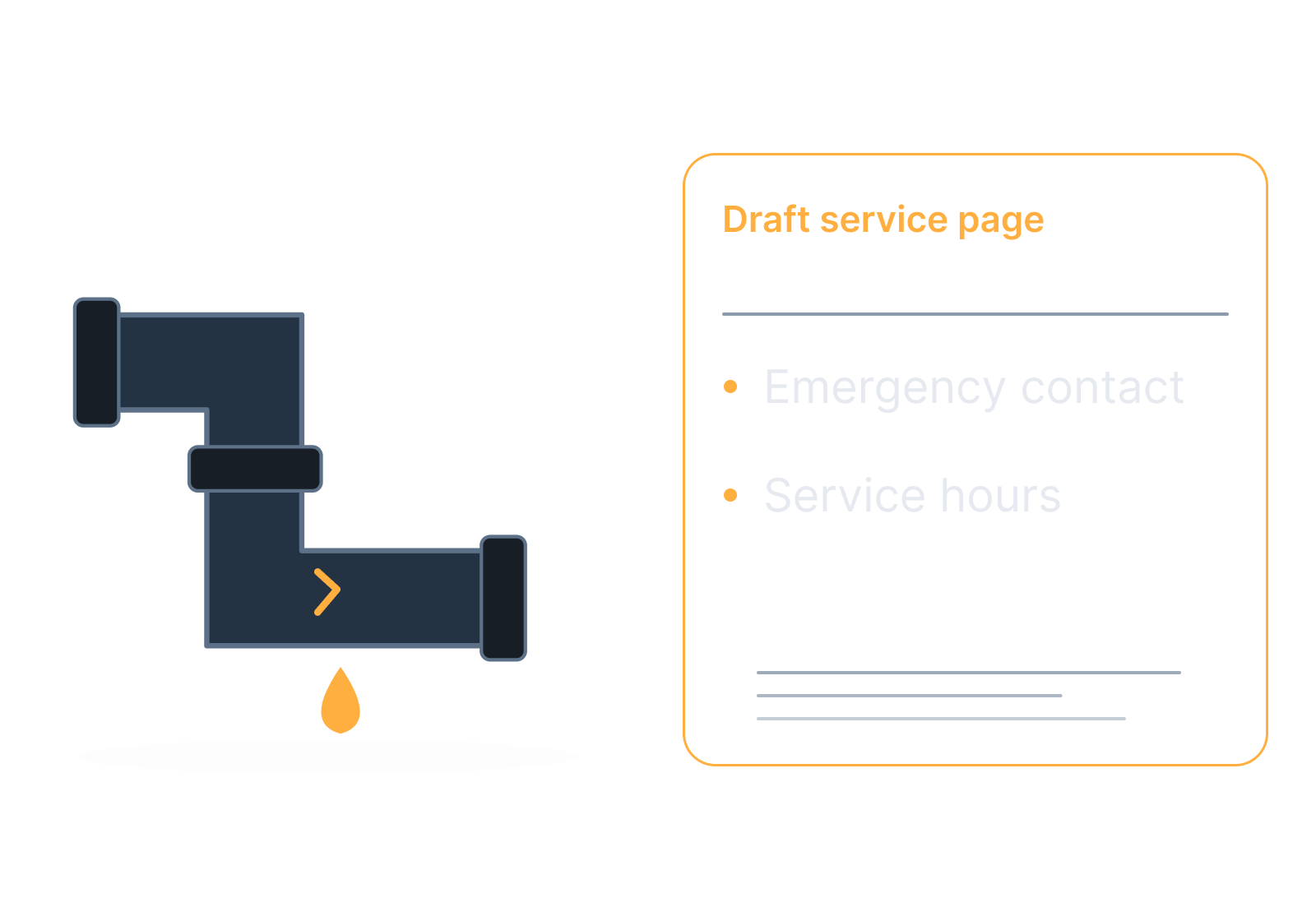 Illustrative leaking pipe and a service-contact card showing emergency contact, service hours.