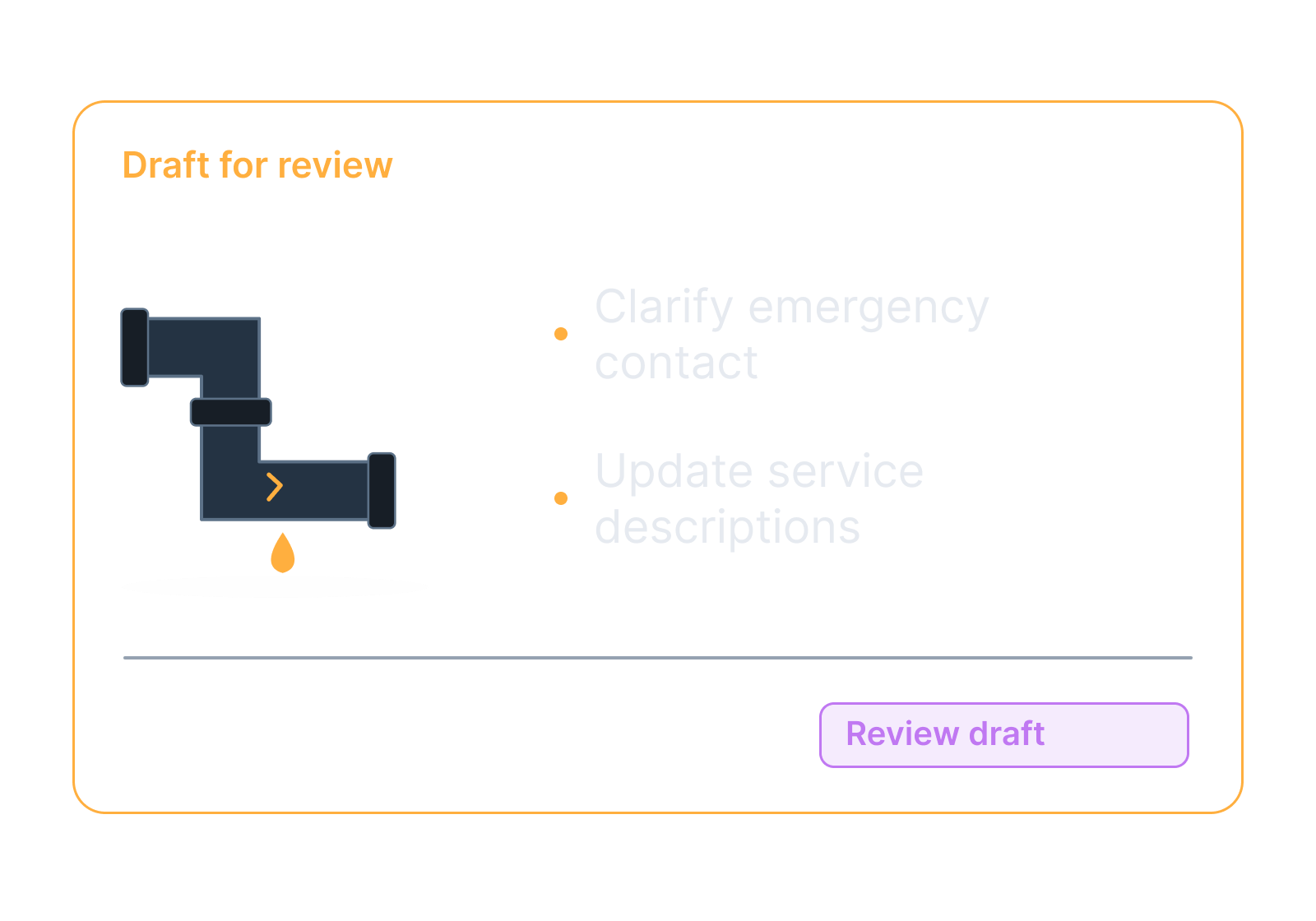 Illustrative leaking pipe and a service-contact card showing clarify emergency contact, update service descriptions.