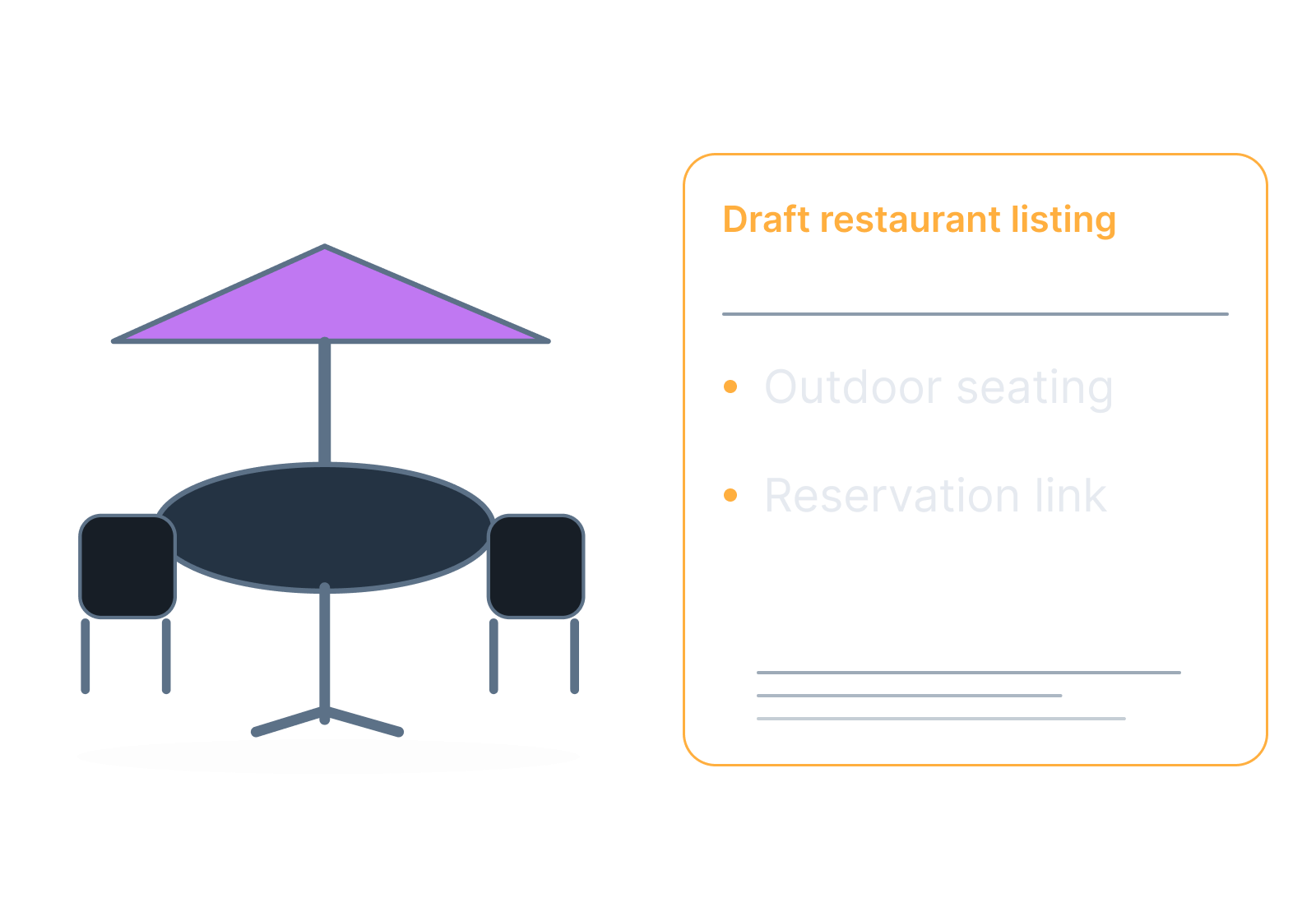 Illustrative patio table and restaurant listing showing outdoor seating, reservation link.