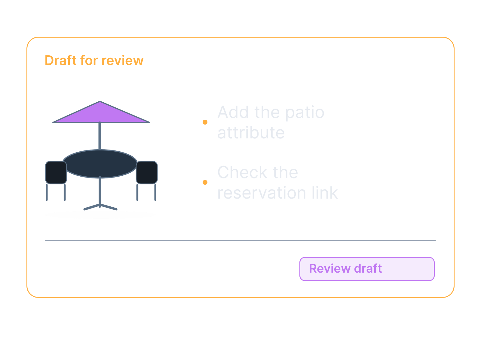 Illustrative patio table and restaurant listing showing add the patio attribute, check the reservation link.