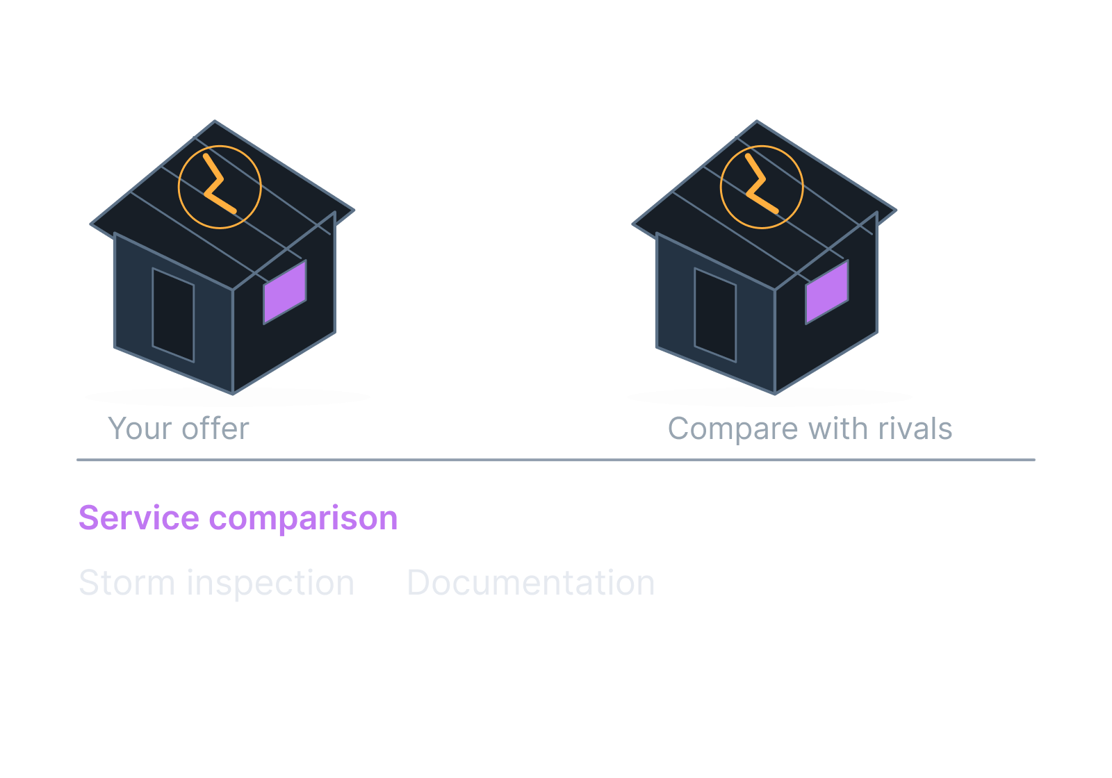 Illustrative roof inspection folder and a storm-damaged roof outline showing storm inspection, documentation.