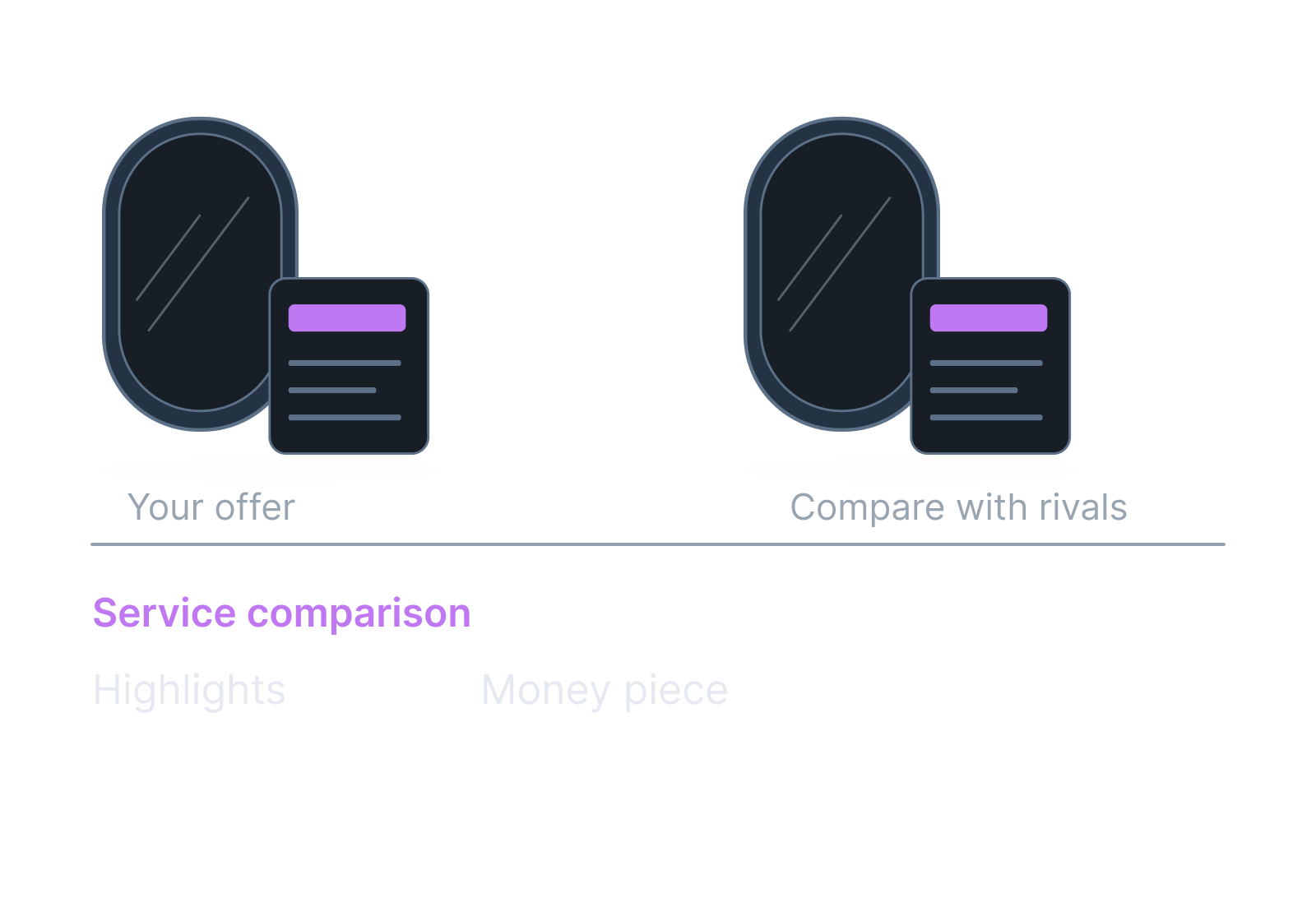 Illustrative salon mirror, service menu and appointment screen showing highlights, money piece.