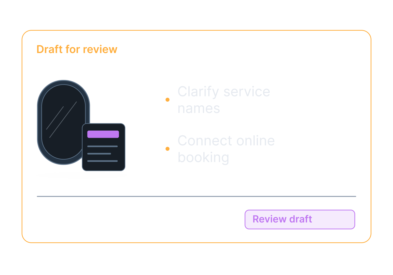 Illustrative salon mirror, service menu and appointment screen showing clarify service names, connect online booking.