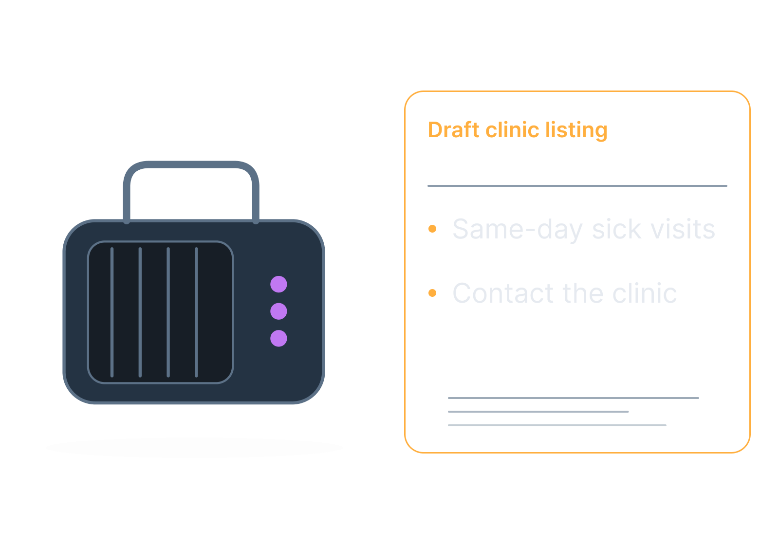 Illustrative pet carrier and clinic service card showing same-day sick visits, contact the clinic.