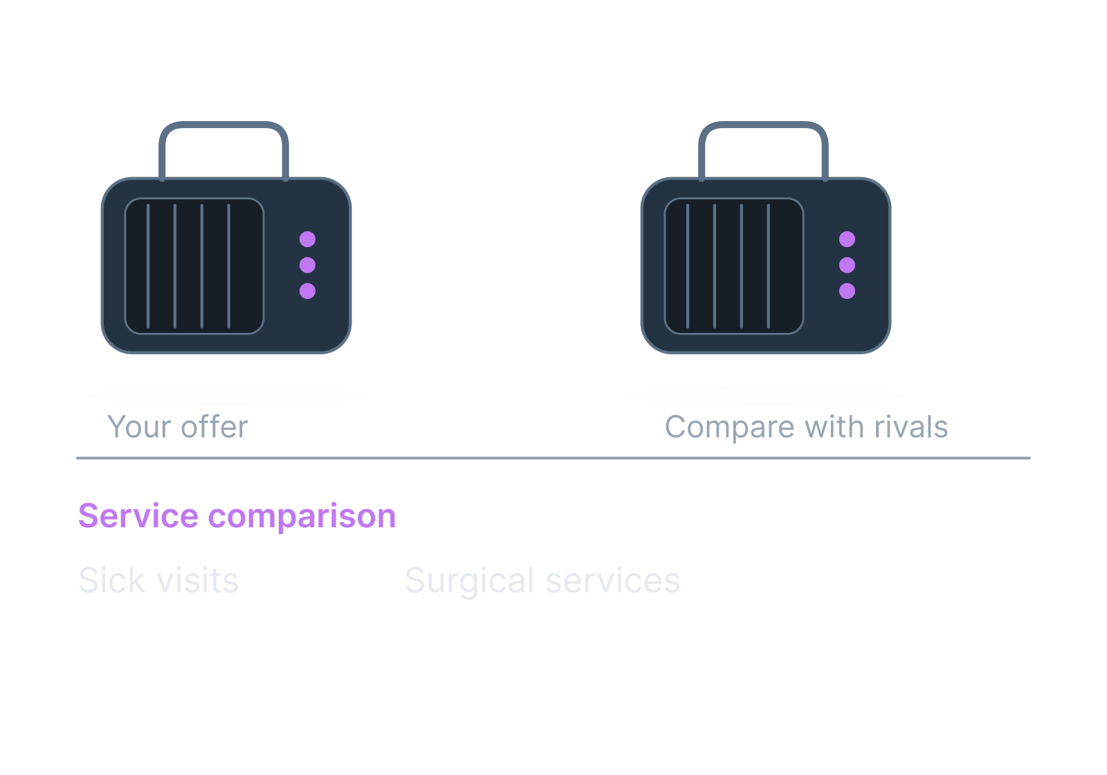 Illustrative pet carrier and clinic service card showing sick visits, surgical services.