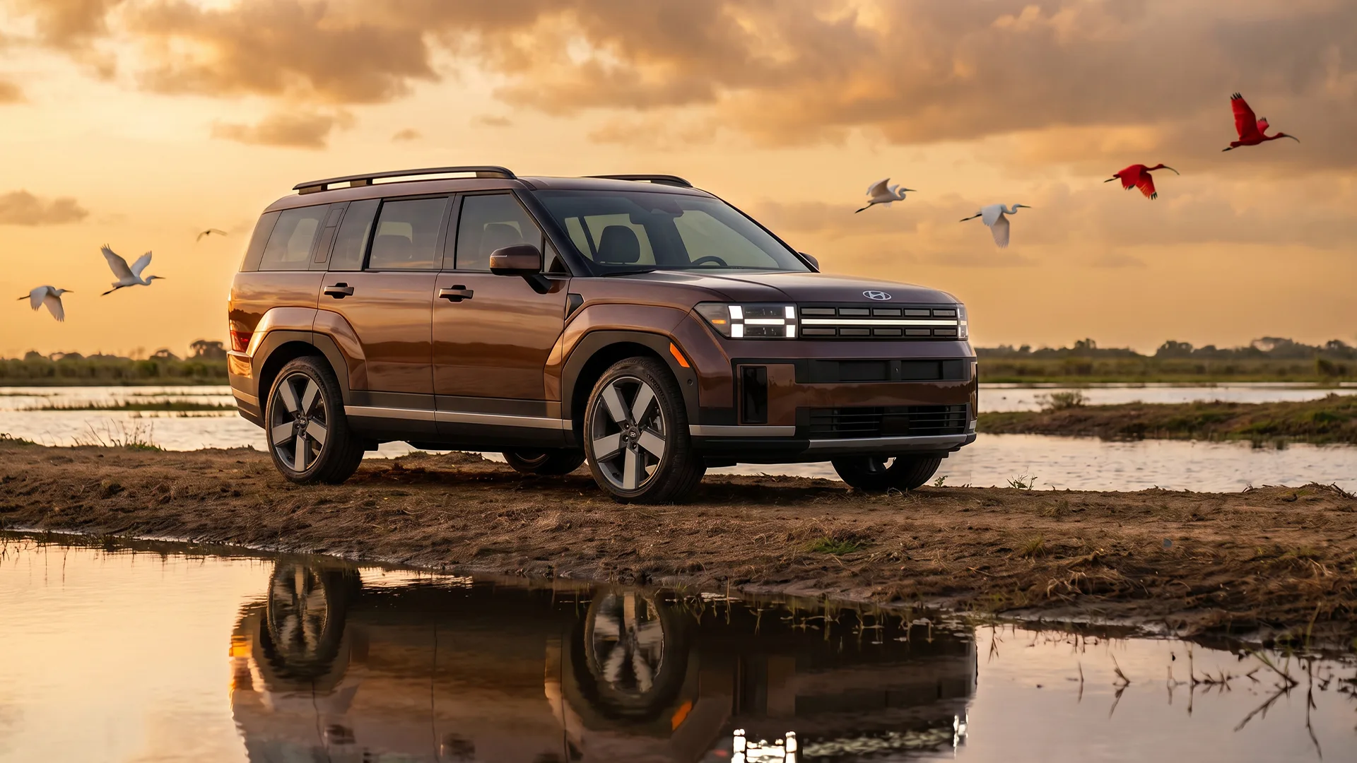 Hyundai Santa Fe junto a una laguna al atardecer