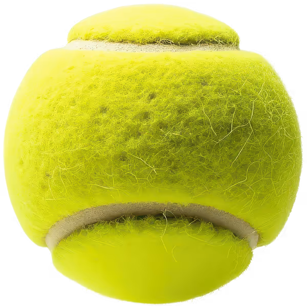 Close-up of a bright yellow tennis ball with fuzzy texture and curved white seams.