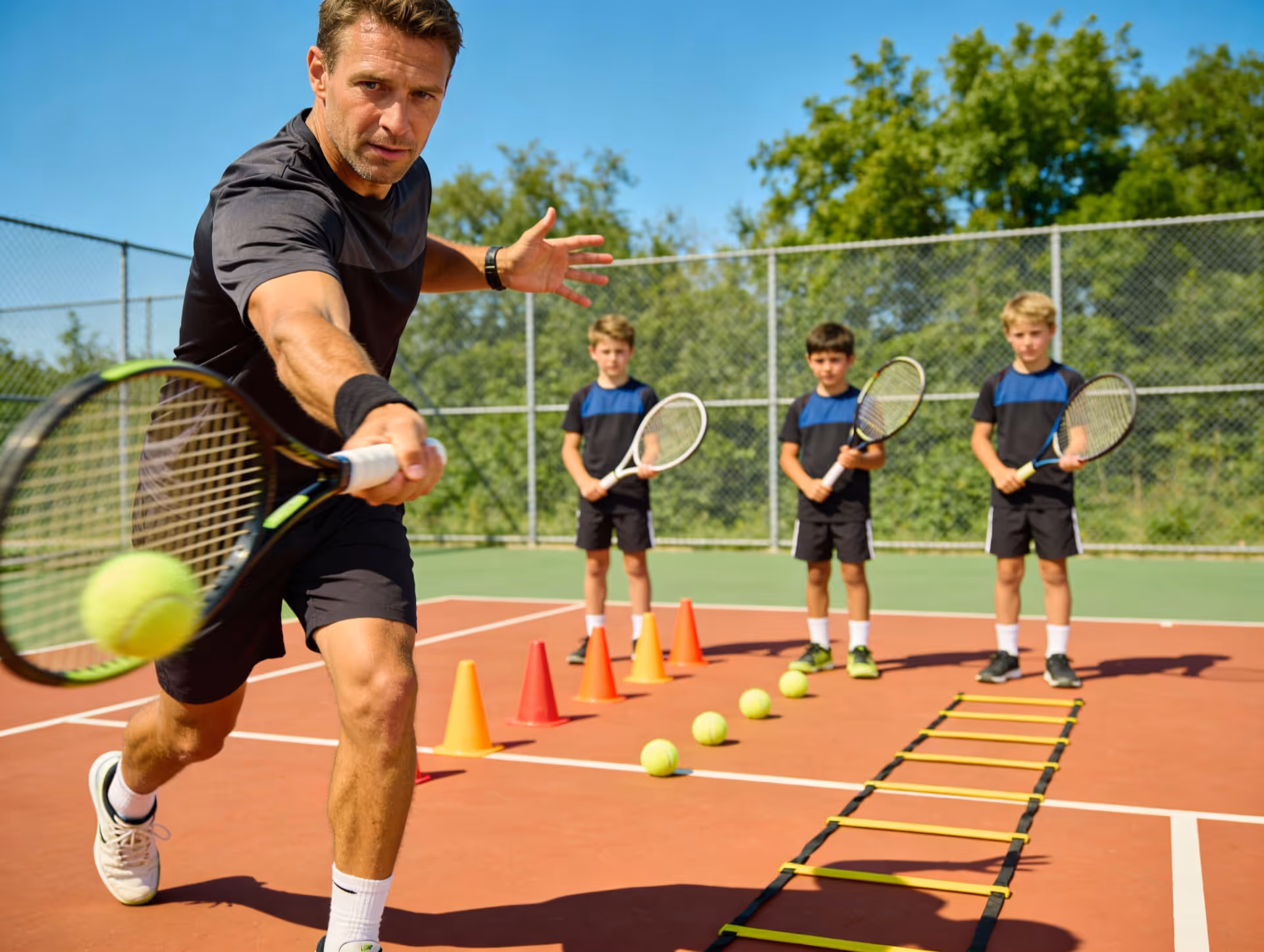 Team collaborating around a table with a notebook showing diagrams and colorful paper shapes.