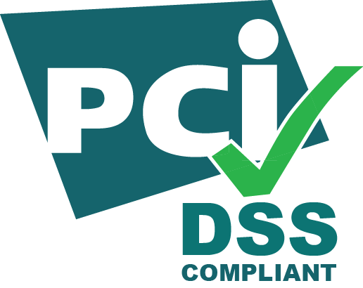 PCI DSS Compliant logo with a green checkmark.
