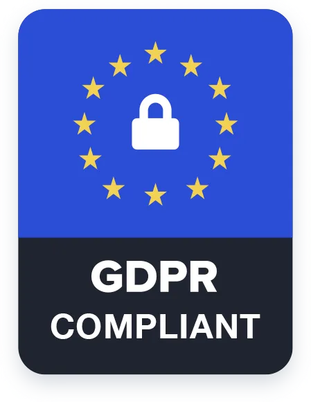 GDPR compliant badge with a white lock icon surrounded by twelve yellow stars on a blue background.
