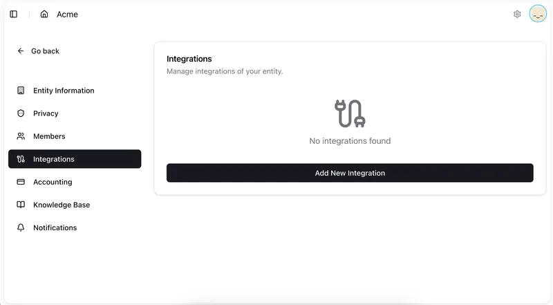Web app settings page showing an empty Integrations section with options for Entity Information, Privacy, Members, Accounting, Knowledge Base, and Notifications on the sidebar.