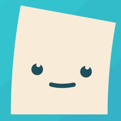 Animated smiling square beige character on a teal background.