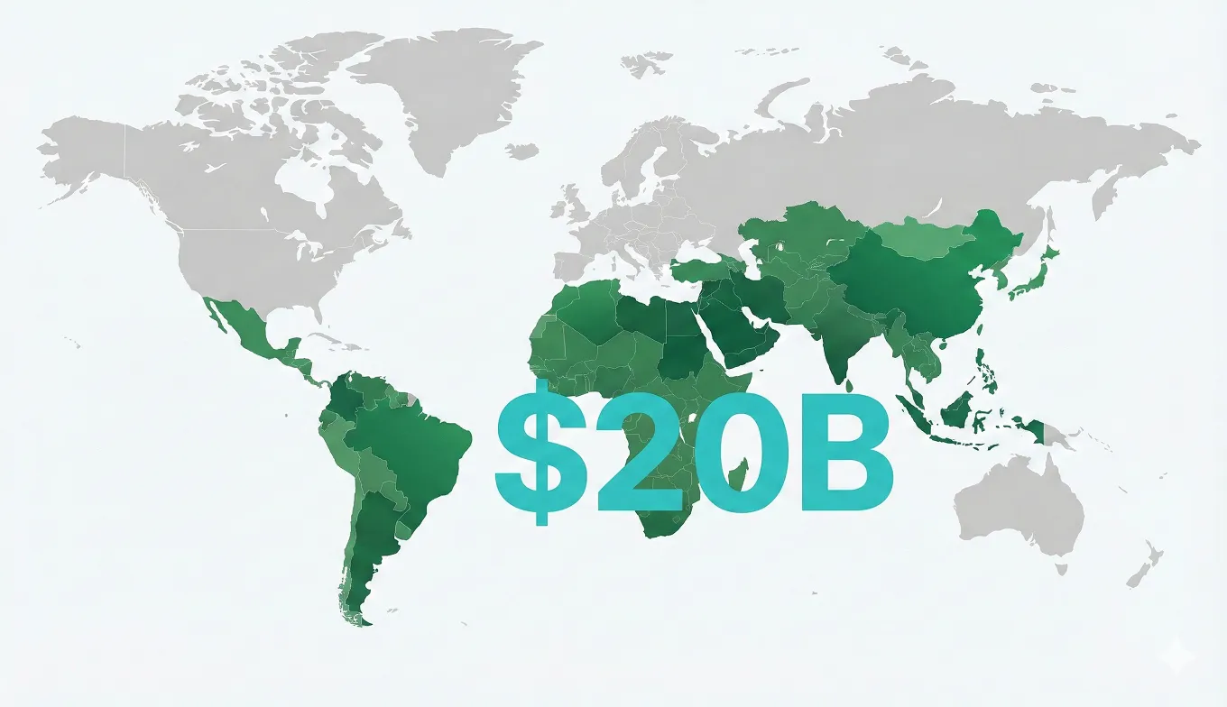 World map highlighting countries mainly in South America, Africa, and Asia in green with large text '$20B' overlayed.