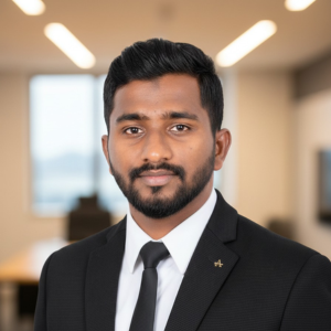 Professional headshot of a man with a beard wearing a black suit, white shirt, and black tie in an office setting.