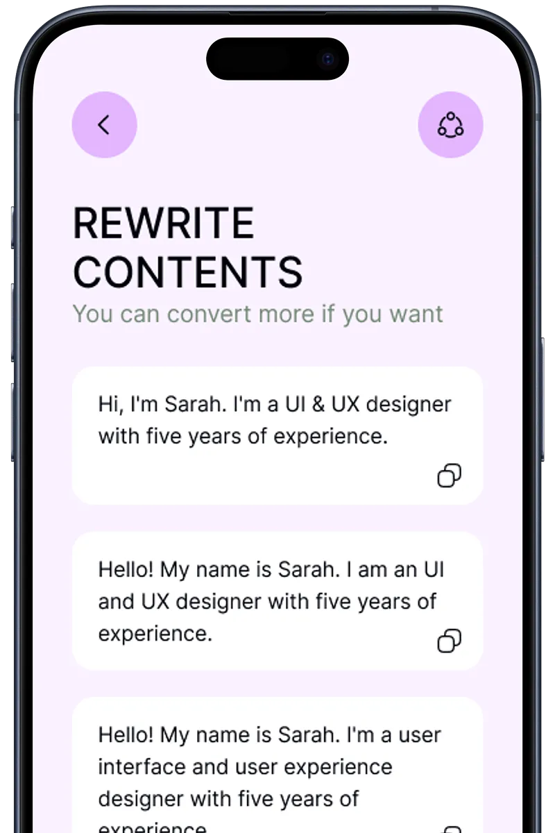 Mobile screen showing a 'Rewrite Contents' app with text rewriting examples introducing Sarah as a UI & UX designer with five years experience.