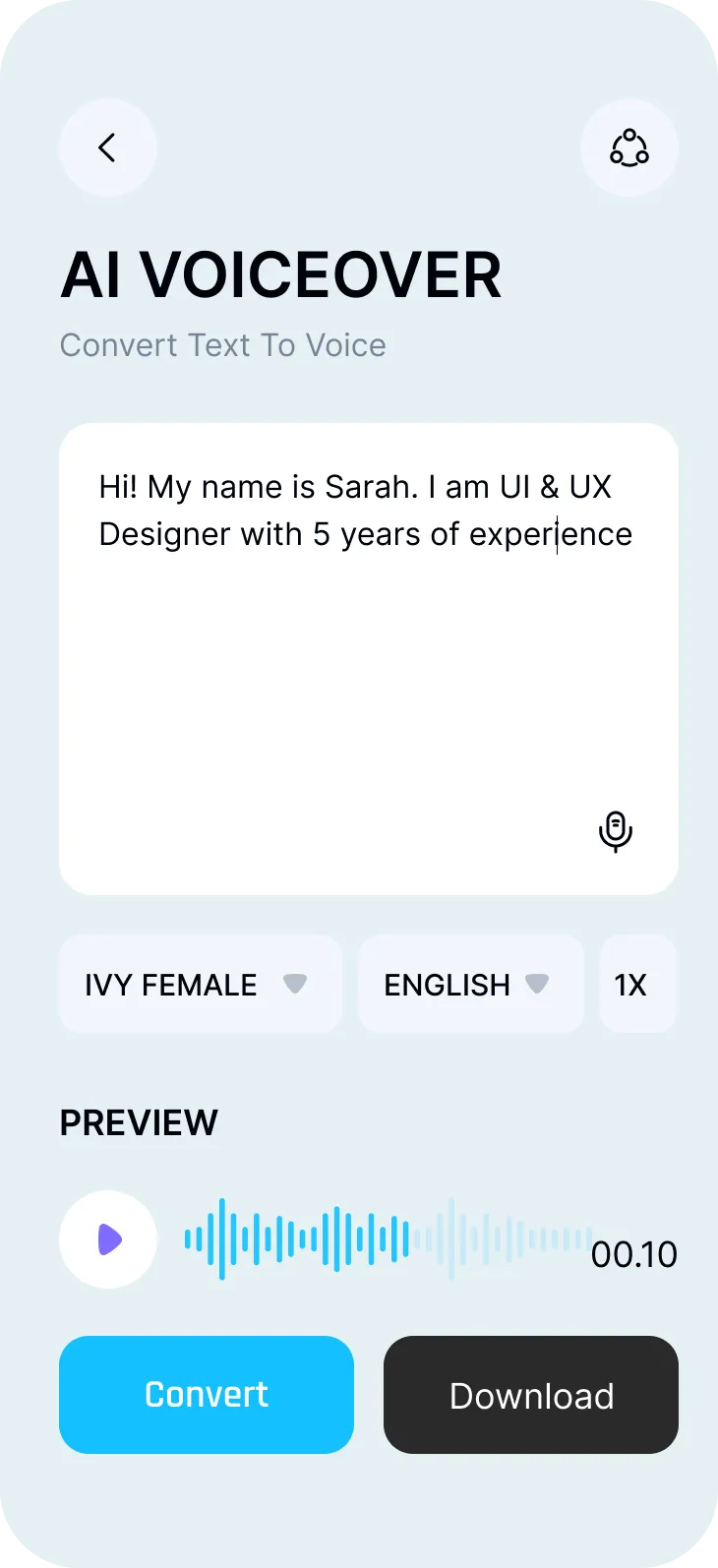 AI Voiceover app interface with text input saying 'Hi! My name is Sarah. I am UI & UX Designer with 5 years of experience', voice selection menus, audio waveform preview, and Convert and Download buttons.