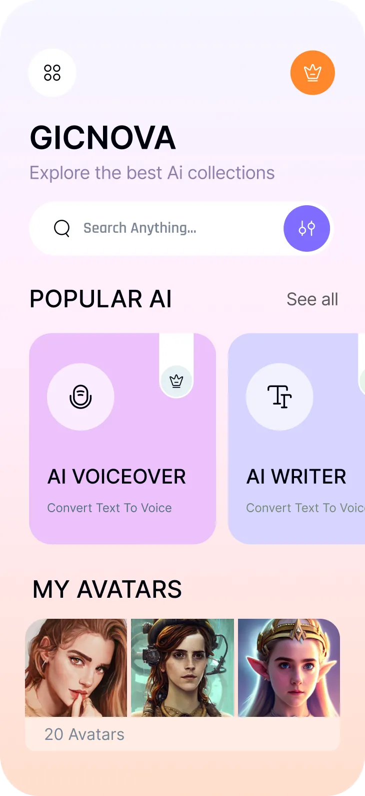 GICNOVA app interface showing search bar, popular AI options including AI Voiceover and AI Writer, and three avatar images under My Avatars section.