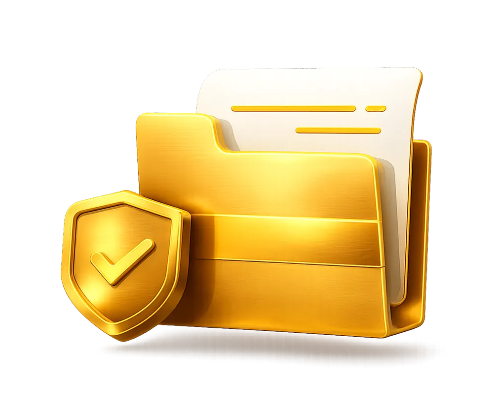Golden file folder with a white sheet and a golden shield badge with a checkmark symbolizing secure documents.
